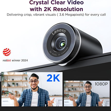 Lenovo QHD Webcam, AI Noise Cancellation and Enhanced Image Quality, 2K Resolution, 2X Digital Zoom, Physical Privacy Shutter, Directional Microphone, Teams Certified, Black