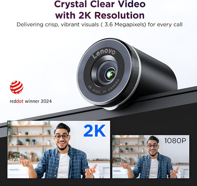 Lenovo QHD Webcam, AI Noise Cancellation and Enhanced Image Quality, 2K Resolution, 2X Digital Zoom, Physical Privacy Shutter, Directional Microphone, Teams Certified, Black