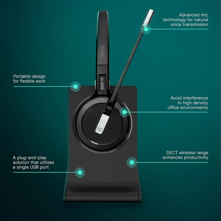 EPOS Impact 5000 Go MS 3-in-1 Wireless DECT Headset with USB-A Dongle, Foldable Charge Stand, Microsoft Teams Certified, Noise-Cancelling Mic, Up to 135m Range