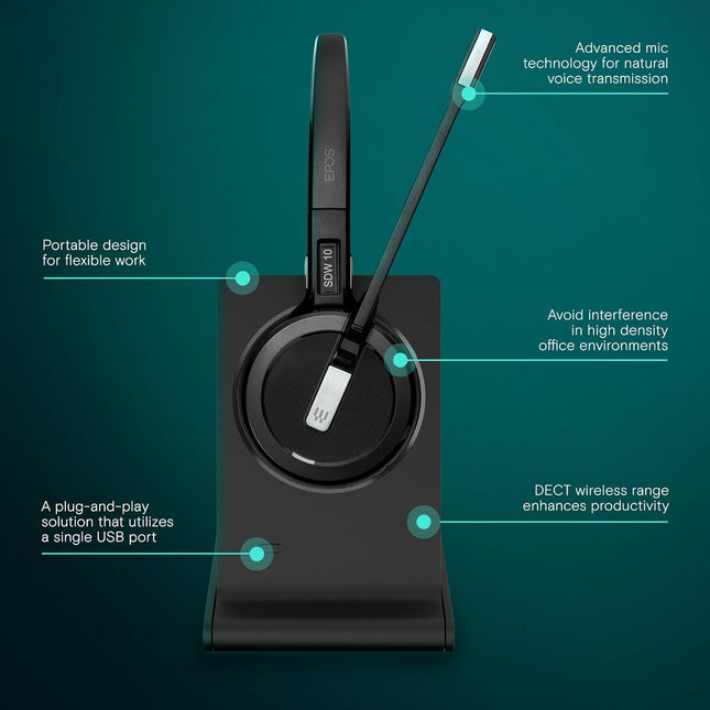 EPOS Impact 5000 Go MS 3-in-1 Wireless DECT Headset with USB-A Dongle, Foldable Charge Stand, Microsoft Teams Certified, Noise-Cancelling Mic, Up to 135m Range