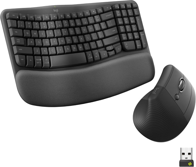 Logitech Wave Keys & Lift Vertical Mouse - Ergonomic Wireless Keyboard and Mouse Combo - with Cushioned Palm Rest, Easy-Switch, Bluetooth, for Multi-OS, Windows/Mac