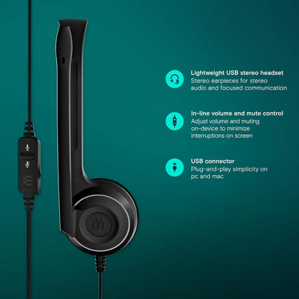 EPOS PC 8 USB - Stereo USB Headset for PC and MAC with In-line Volume and Mute Control,Black