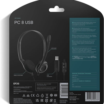 EPOS PC 8 USB - Stereo USB Headset for PC and MAC with In-line Volume and Mute Control,Black