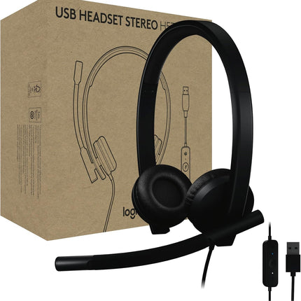 Logitech H570e Wired Headset, Mono Headphones with Noise-Cancelling Microphone, USB, in-Line Controls with Mute Button, Indicator LED, PC/Mac/Laptop - Black