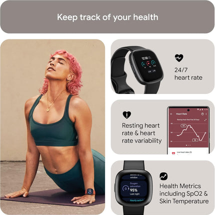Google Fitbit Versa 4 Fitness Smart Watch for Men and Women with Daily Readiness, Gps, 24/7 Heart Rate, 40+ Exercise Modes, Sleep Tracking and More, One Size (S and L Bands Included