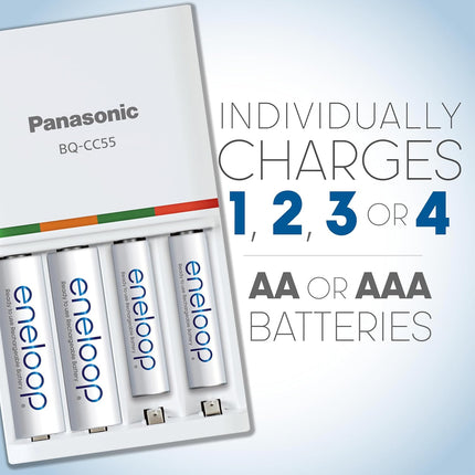 eneloop K-KJ55M3A4BA Advanced Individual Battery 3 Hour Quick Charger with 4 AAA eneloop Rechargeable Batteries, White