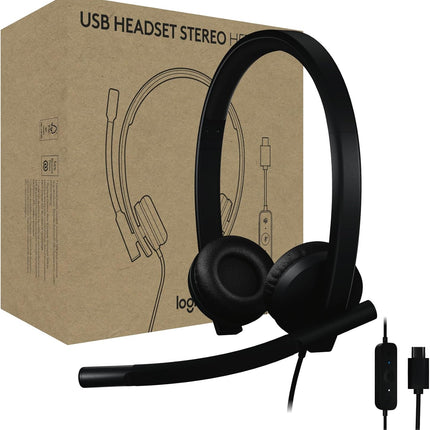 Logitech H570e Wired Headset, Mono Headphones with Noise-Cancelling Microphone, USB, in-Line Controls with Mute Button, Indicator LED, PC/Mac/Laptop - Black