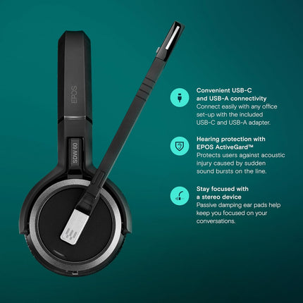 EPOS Impact 5000 Go MS Stereo Wireless Headset – Premium DECT Technology, Teams Certified, Noise-Cancelling Mic, Long-Range Freedom & Foldable Charging Stand