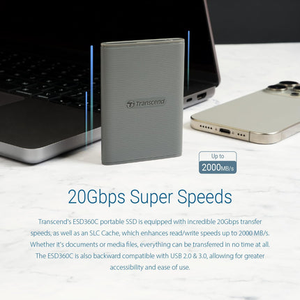 Transcend , External Solild State Drive, Portable SSD, Compatible w/iPhone 4K ProRes, Up to 2000 MB/s,Type C
