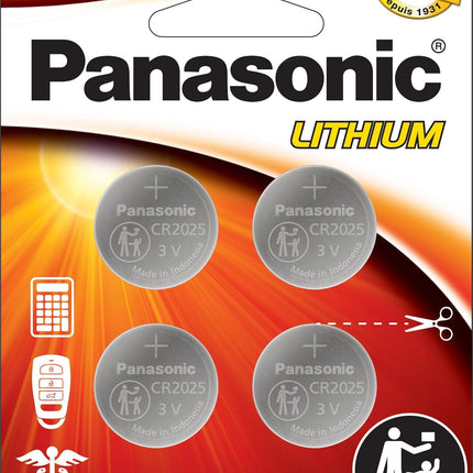 Piles bouton au lithium longue durée 3,0 volts Panasonic CR2025 sous emballage à l'épreuve des enfants, conforme aux normes