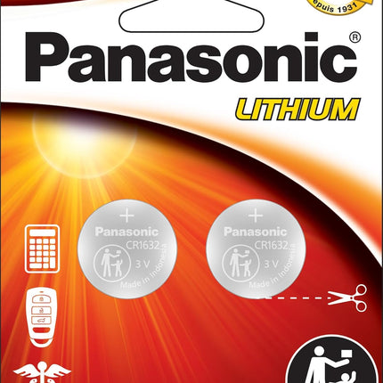 Panasonic CR1632 3.0 Volt Long Lasting Lithium Coin Cell Batteries in Child Resistant, Standards Based Packaging