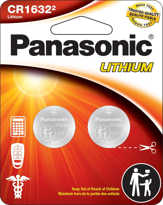 Panasonic CR1632 3.0 Volt Long Lasting Lithium Coin Cell Batteries in Child Resistant, Standards Based Packaging