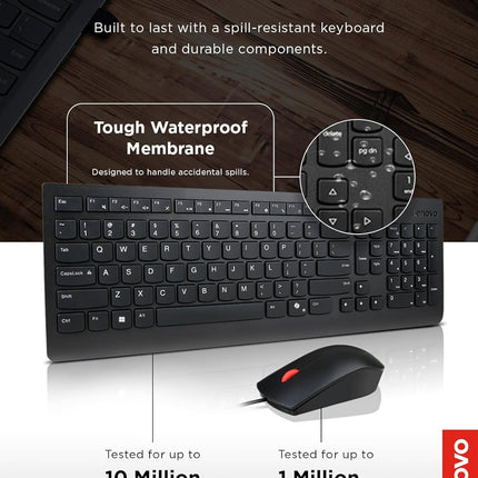 Lenovo Essential Wired Keyboard & Mouse Combo - US English, Adjustable Feet, Spill Resistant Keys, Full Size Ambidextrous Optical Mouse, 1600 DPI, Black