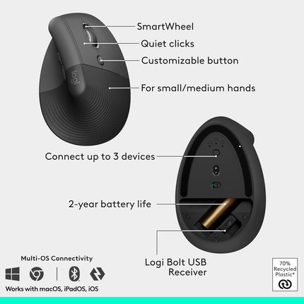 Logitech Wave Keys & Lift Vertical Mouse - Ergonomic Wireless Keyboard and Mouse Combo - with Cushioned Palm Rest, Easy-Switch, Bluetooth, for Multi-OS, Windows/Mac