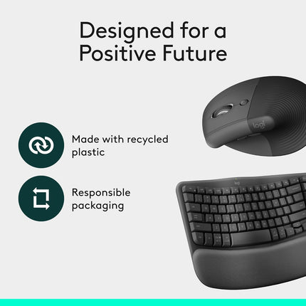 Logitech Wave Keys & Lift Vertical Mouse - Ergonomic Wireless Keyboard and Mouse Combo - with Cushioned Palm Rest, Easy-Switch, Bluetooth, for Multi-OS, Windows/Mac