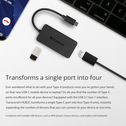 Transcend HUB 4-Port HUB, Type C, 4-Port USB 3.0, Compatible with iPhone, iPad, Mac, Flash Drive - TS-HUB2C