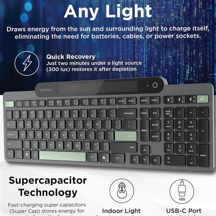 Lenovo 800 Bluetooth Wireless Keyboard with Backlight for Charging, Bluetooth 5.1, Supports 3 Devices, Battery-Free, Wireless, Grey