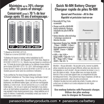 Panasonic K-KJ55M3A4BA Advanced Individual Battery 3 Hour Quick Charger with 4 AAA eneloop Rechargeable Batteries, White