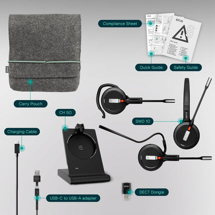 EPOS Impact 5000 Go MS 3-in-1 Wireless DECT Headset with USB-A Dongle, Foldable Charge Stand, Microsoft Teams Certified, Noise-Cancelling Mic, Up to 135m Range