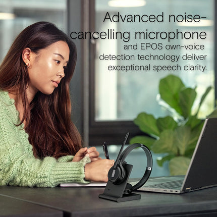 EPOS Impact 5000 Go MS Stereo Wireless Headset – Premium DECT Technology, Teams Certified, Noise-Cancelling Mic, Long-Range Freedom & Foldable Charging Stand