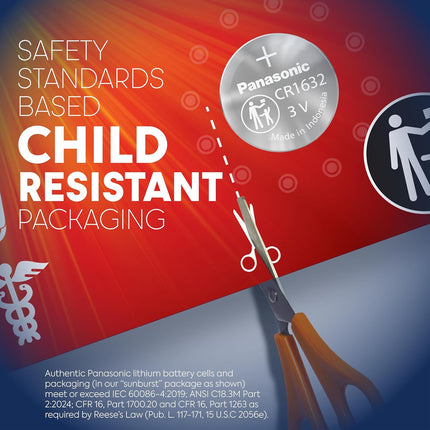 Panasonic CR1632 3.0 Volt Long Lasting Lithium Coin Cell Batteries in Child Resistant, Standards Based Packaging