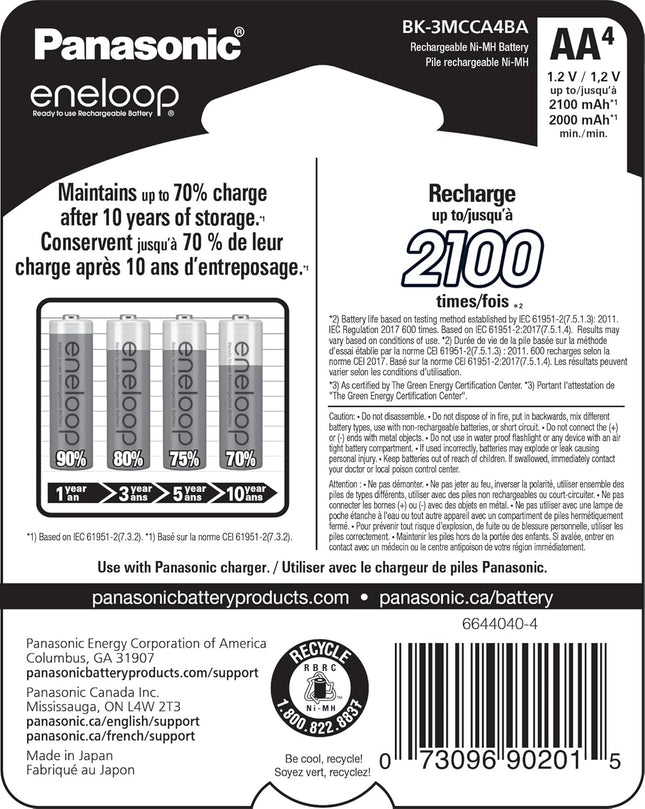 Eneloop Panasonic BK-3MCCA4BA AA 2100 Cycle Ni-MH Pre-Charged Rechargeable Batteries, 4-Battery Pack
