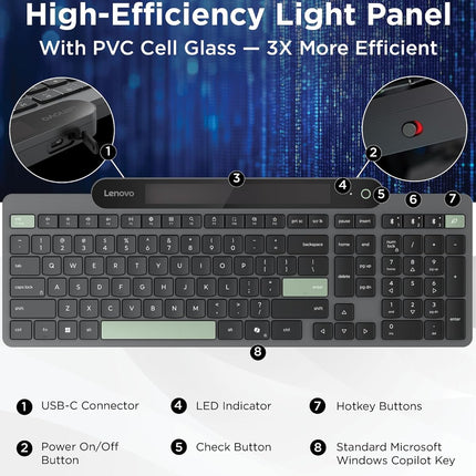 Lenovo 800 Bluetooth Wireless Keyboard with Backlight for Charging, Bluetooth 5.1, Supports 3 Devices, Battery-Free, Wireless, Grey