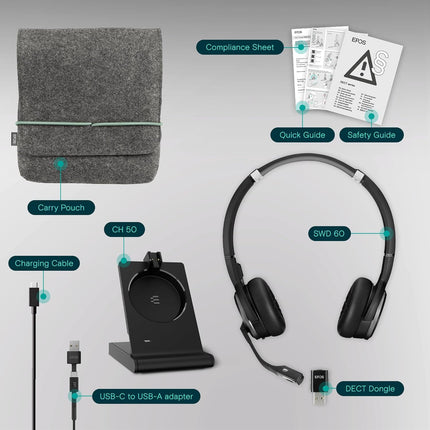 EPOS Impact 5000 Go MS Stereo Wireless Headset – Premium DECT Technology, Teams Certified, Noise-Cancelling Mic, Long-Range Freedom & Foldable Charging Stand