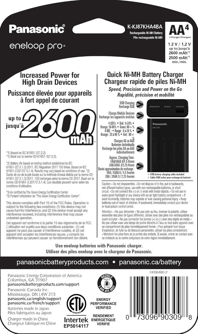 eneloop K-KJ87KHA4BA Individual Battery Charger with Portable Charging Technology and 4AA eneloop pro Rechargeable Batteries, Black