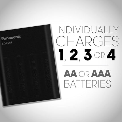 Panasonic K-KJ87KHA4BA Individual Battery Charger with Portable Charging Technology and 4AA eneloop pro Rechargeable Batteries, Black