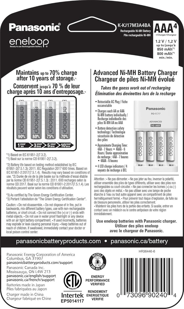 Panasonic K-KJ17M3A4BA Cell Battery Charger with eneloop AAA New 2100 Cycle Rechargeable Batteries, 4 Pack